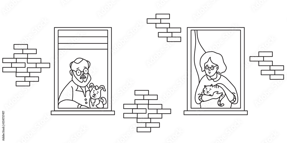 elderly couple looking for a house. windows with people neighbors. Elderly man with a dog and grandmother with a cat at the window. The concept of social isolation during the coronavirus pandemic elderly couple looking for a house. windows with people neighbors. Elderly man with a dog and grandmother with a cat at the window. The concept of social isolation during the coronavirus pandemic