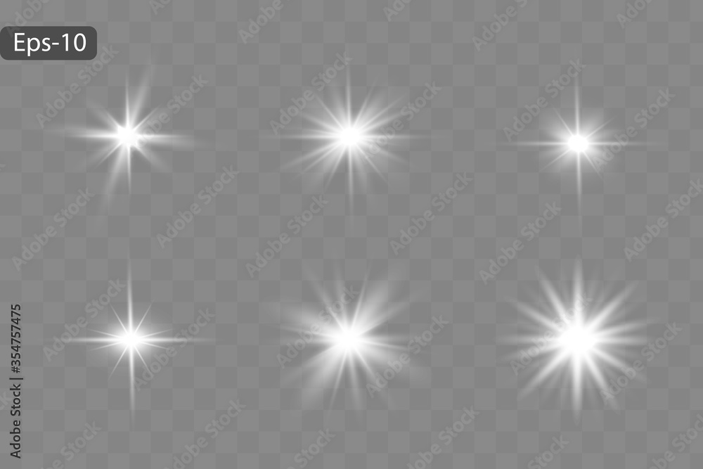White glowing light explodes on a transparent background. Sparkling magical dust particles. Bright Star. Transparent shining sun, bright flash. Vector sparkles. To center a bright flash - obrazy, fototapety, plakaty 