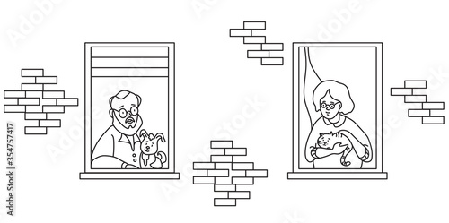 elderly couple looking for a house. windows with people neighbors. Elderly man with a dog and grandmother with a cat at the window. The concept of social isolation during the coronavirus pandemic