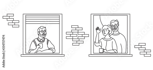 elderly couple looking for a house. windows with people neighbors. Self-isolation, quarantine during COVID-19. Stay home. An old man and a married couple are neighbors. Outline drawing, line.