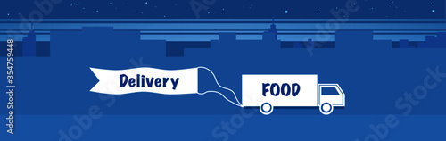 24-hour delivery van. The night view of the city. During the coronavirus or covid - 19 situation. The order of products is increasing. deliver goods to people in quarantine. Stay home concept
