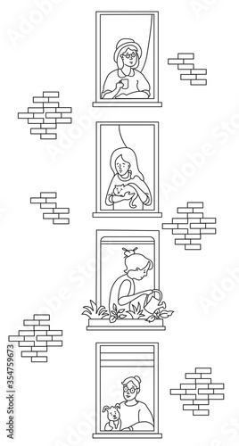elderly couple looking for a house. windows with people neighbors. The women of the neighbor are old and young. One with a cat, with a cup, with a dog and watering flowers. Self-isolation, quarantine