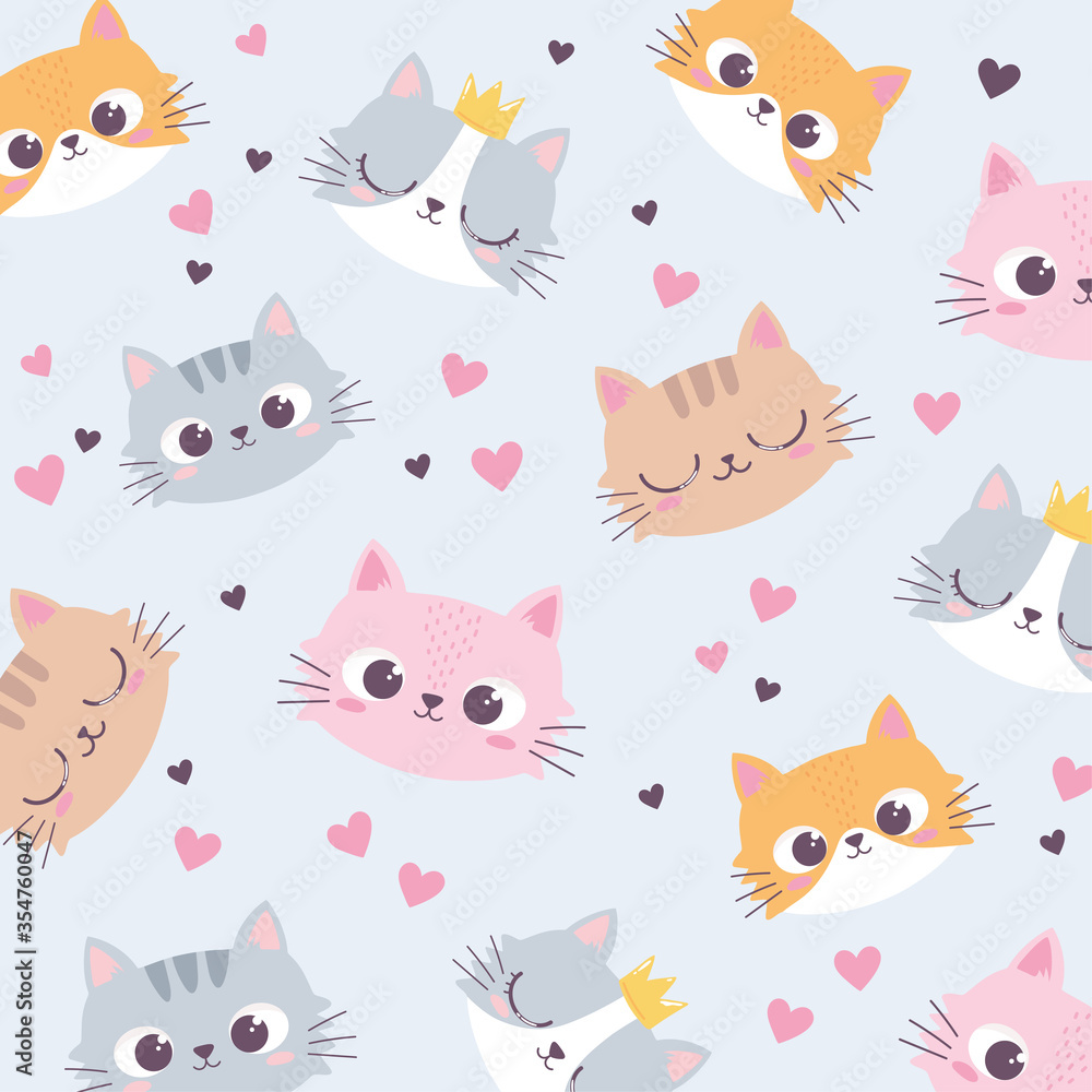 cute cats heads love heart cartoon animal funny character background