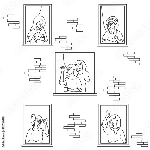 elderly couple looking for a house. windows with people neighbors. The women of the neighbor are old and young. One with a cat, with a cup, waves his hand, a couple - she and she. The concept of