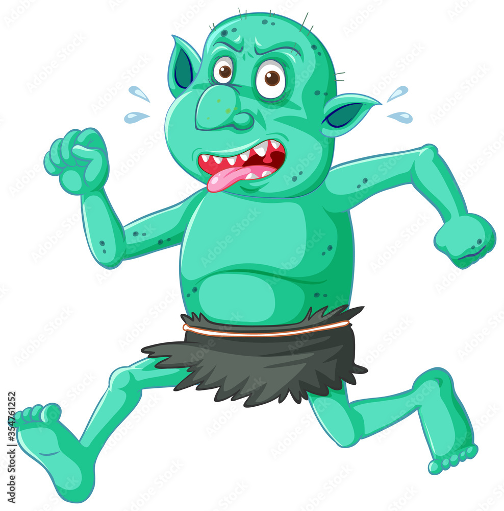 Green goblin or troll running pose with funny face in cartoon character isolated Green goblin or troll running pose with funny face in cartoon character isolated