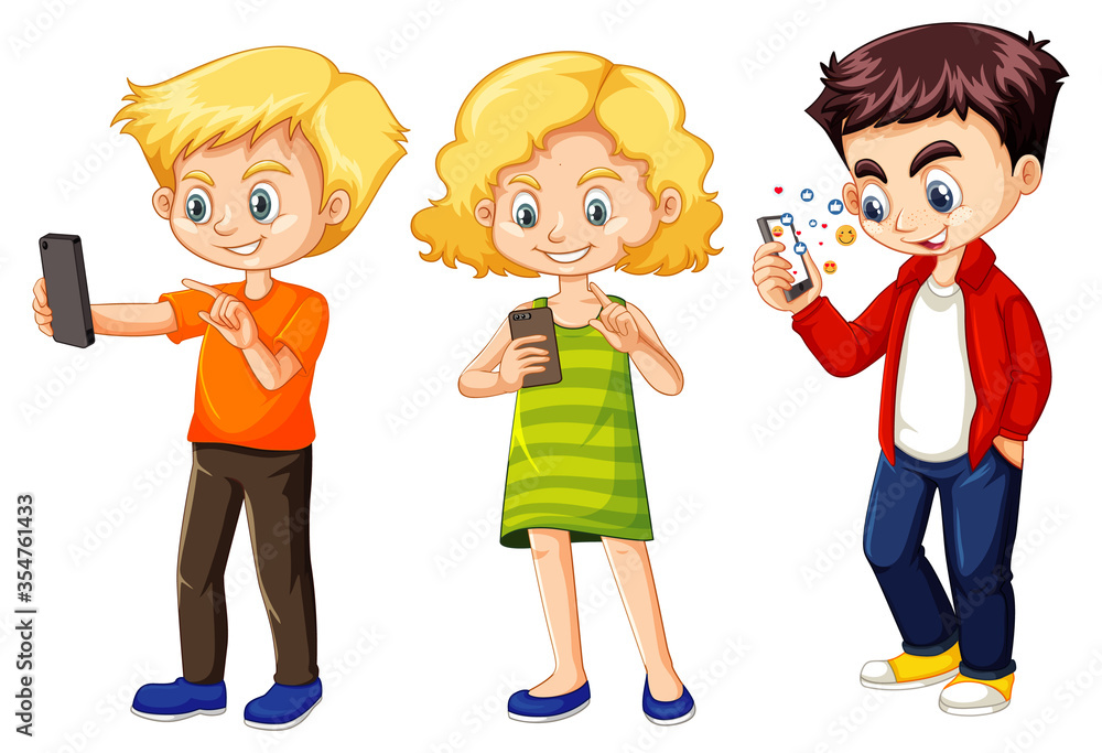 Set of young children using phone Set of young children using phone