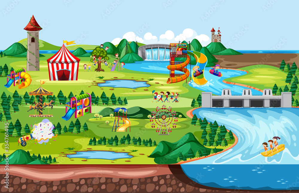 Amusement park with carnivals and many rides landscape scene