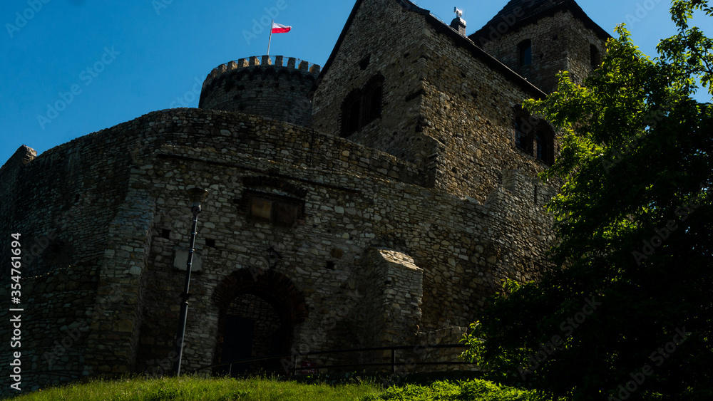 
View of the castle and defensive walls in Będzin, ready space for entry.