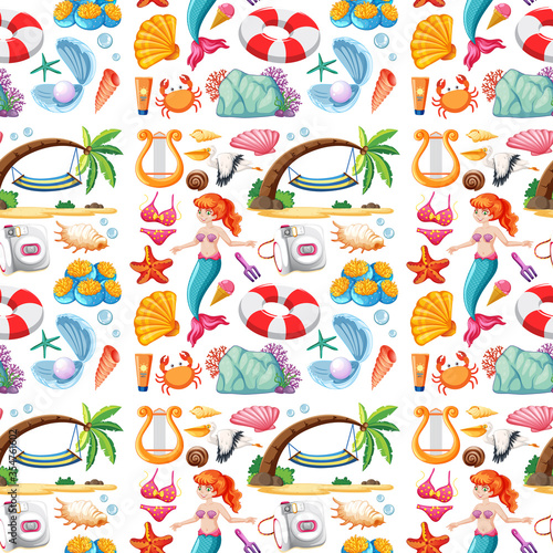 Seamless mermaid and summer icon cartoon character on white background