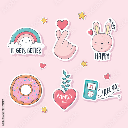 cute hand love heart rabbit rainbow donut stuff for cards stickers or patches decoration cartoon