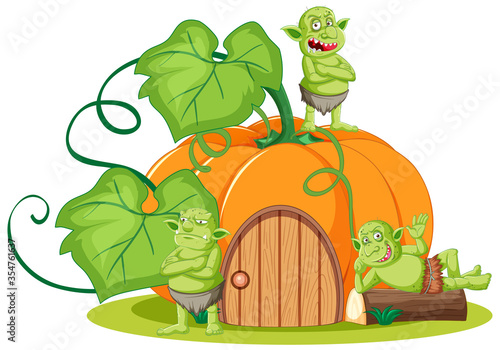 Goblin or troll with pumpkin house in cartoon style isolated