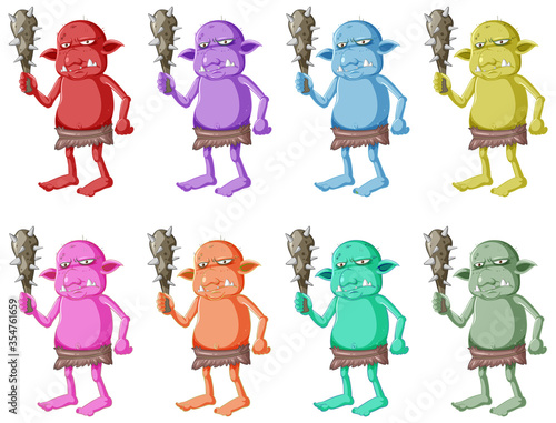 Set of colorful goblin or troll holding hunting tool with angry face in cartoon character isolated