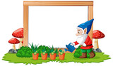 Gnome watering plants position infront of blank banner on white background