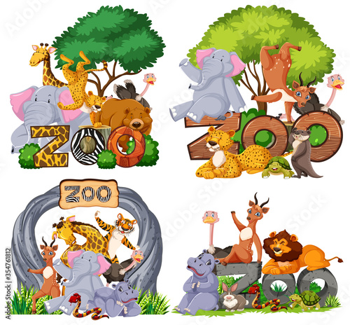 Set of zoo animals with banner