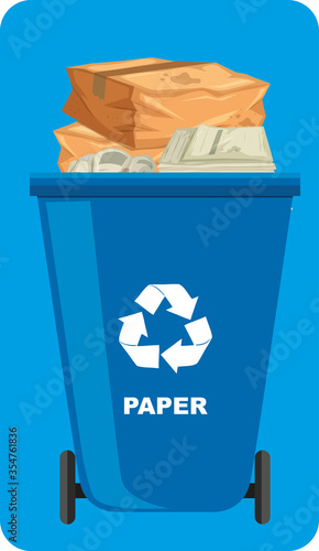 Blue recycle bins with recycle symbol on blue background