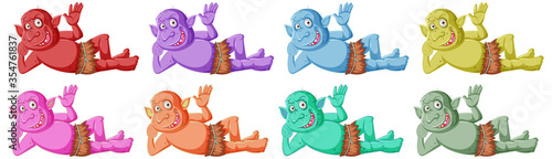 Set of colorful goblin or troll smile while lying down in cartoon character isolated