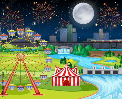 Theme night amusement park festival with big moon landscape scene