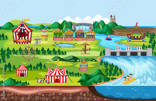 Amusement park with circus carnivals theme landscape scene