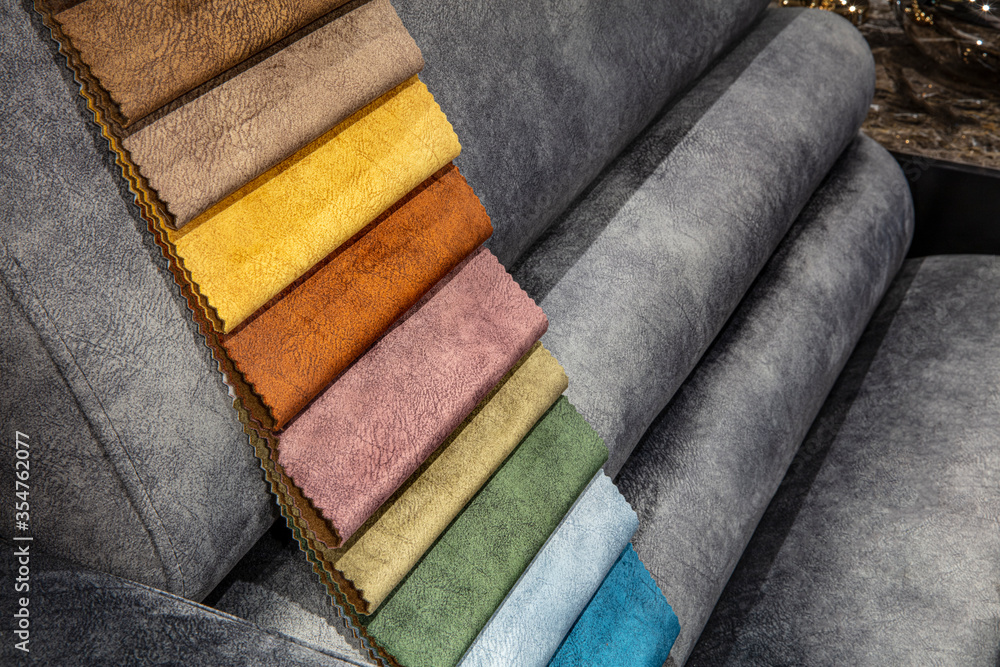 Sofa color chart. Upholstery catalogue. Closeup of samples of fabric