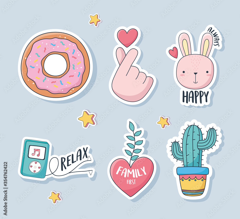 cute donut rabbit heart cactus mp3 music love stuff for cards stickers or patches decoration cartoon
