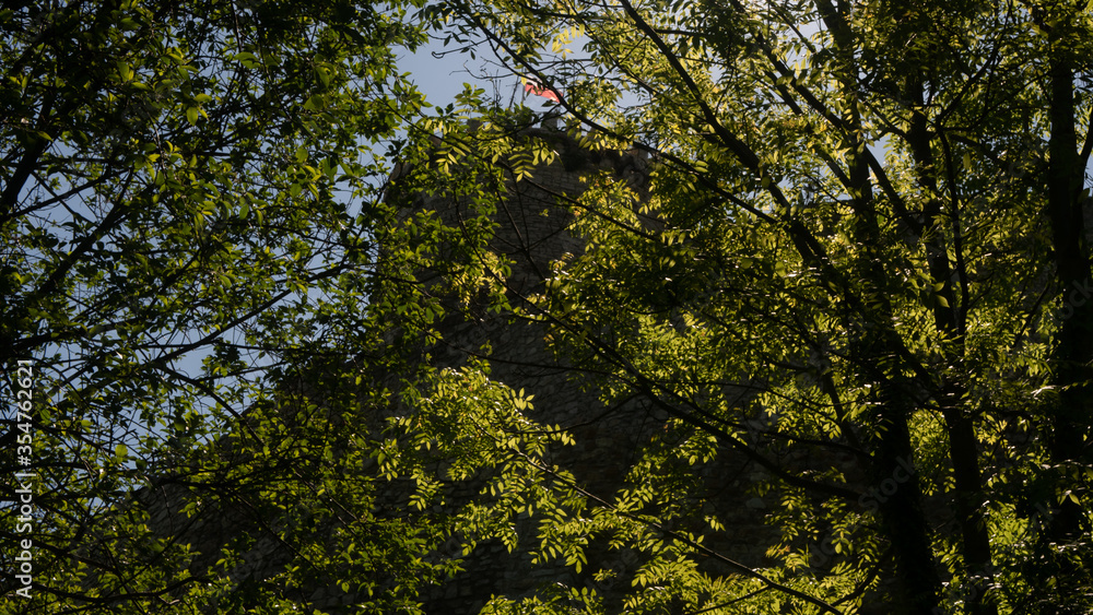 Fototapeta premium View of the castle and defensive walls in Będzin, ready space for entry.