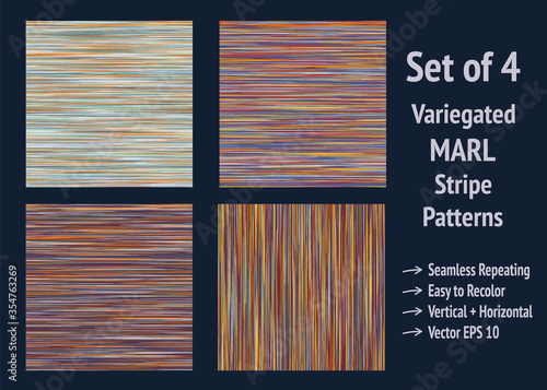 
Seamless vector pattern marl stripe. Rainbow variegated heather texture background. Vintage 70s style striped abstract all over print. Set of 4