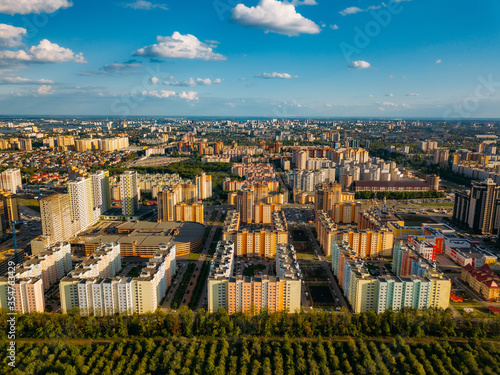 Modern residential area in Voronezh, aerial view from drone in summer day