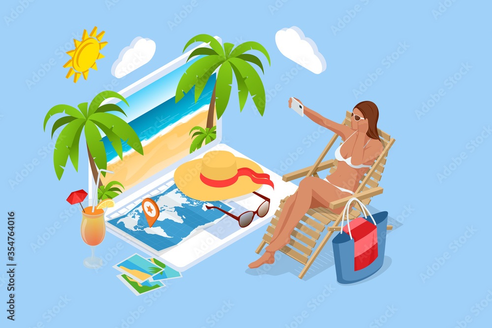 It's Summer time banner. Summer Luxury vacation. Isometric beautiful girl in a swimsuit sits in a beach chair and takes a selfie on the background of the sea
