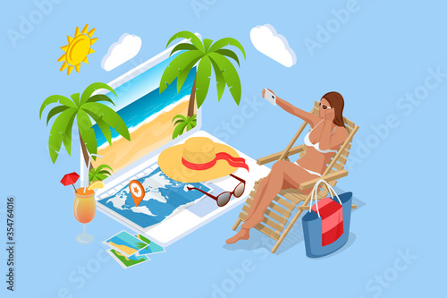 It s Summer time banner. Summer Luxury vacation. Isometric beautiful girl in a swimsuit sits in a beach chair and takes a selfie on the background of the sea