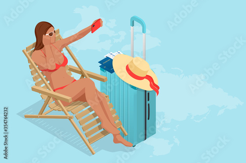 It's Summer time banner. Summer Luxury vacation. Isometric beautiful girl in a swimsuit sits in a beach chair and takes a selfie on the background of the sea