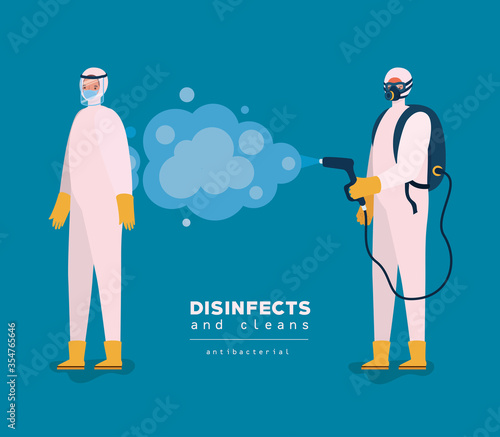 Men spraying with protective suits gloves and bottle vector design