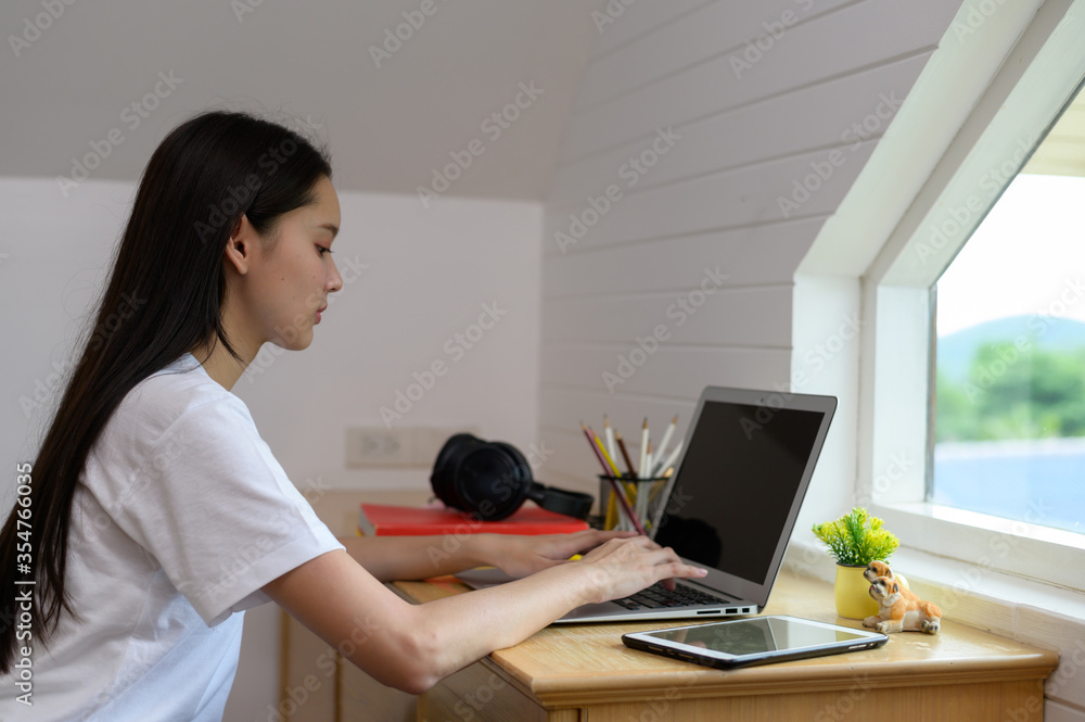 Online distance learning.Asian university students study online at home.Prevent virus infection covid-19 Online distance learning.Asian university students study online at home.Prevent virus infection covid-19