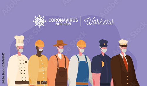 Men workers with uniforms and masks vector design