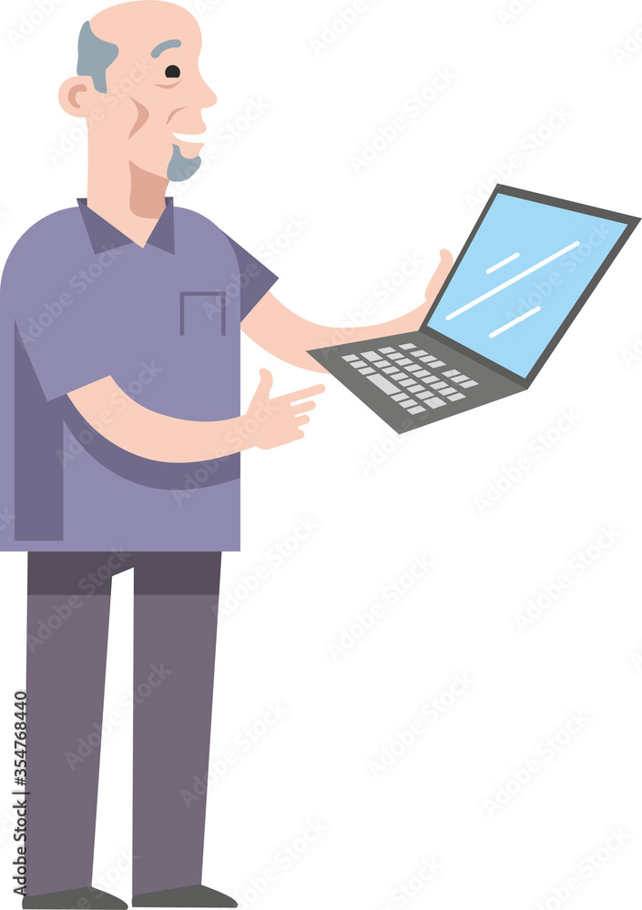 An elderly man holds a computer in his hands. Senior citizen studies computer isolated on white background. Flat infographics. Vector illustration An elderly man holds a computer in his hands. Senior citizen studies computer isolated on white background. Flat infographics. Vector illustration