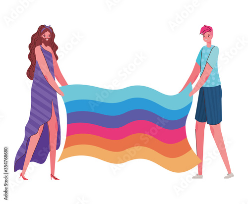 Woman and man cartoon with costume and lgtbi flag vector design