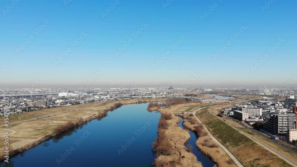 Aerial drone view of Tokyo Suburbs, Edo river. Aerial drone view of Tokyo Suburbs, Edo river.