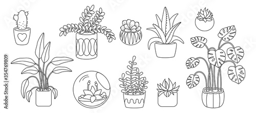 Plant and succulents, potted ceramic cartoon doodle line set. Black linear flat house indoor flower. House plants, cactus, monstera, aloe flowerpot. Interior decor collection. Vector illustration