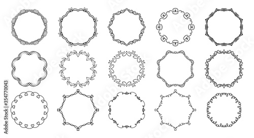 Circular frameworks divider calligraphic set. Round flourishes borders, vegetable whorls vignettes decorative frame, ornament banner. Elegant graphics elements ink black drawing. Vector illustration