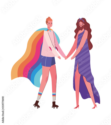 Woman and man cartoon with costume and lgtbi flag vector design