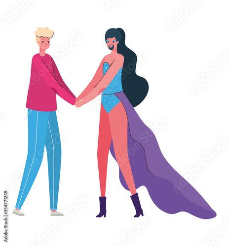 Woman and man cartoon with costume vector design