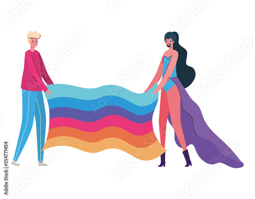 Woman and man cartoon with costume and lgtbi flag vector design