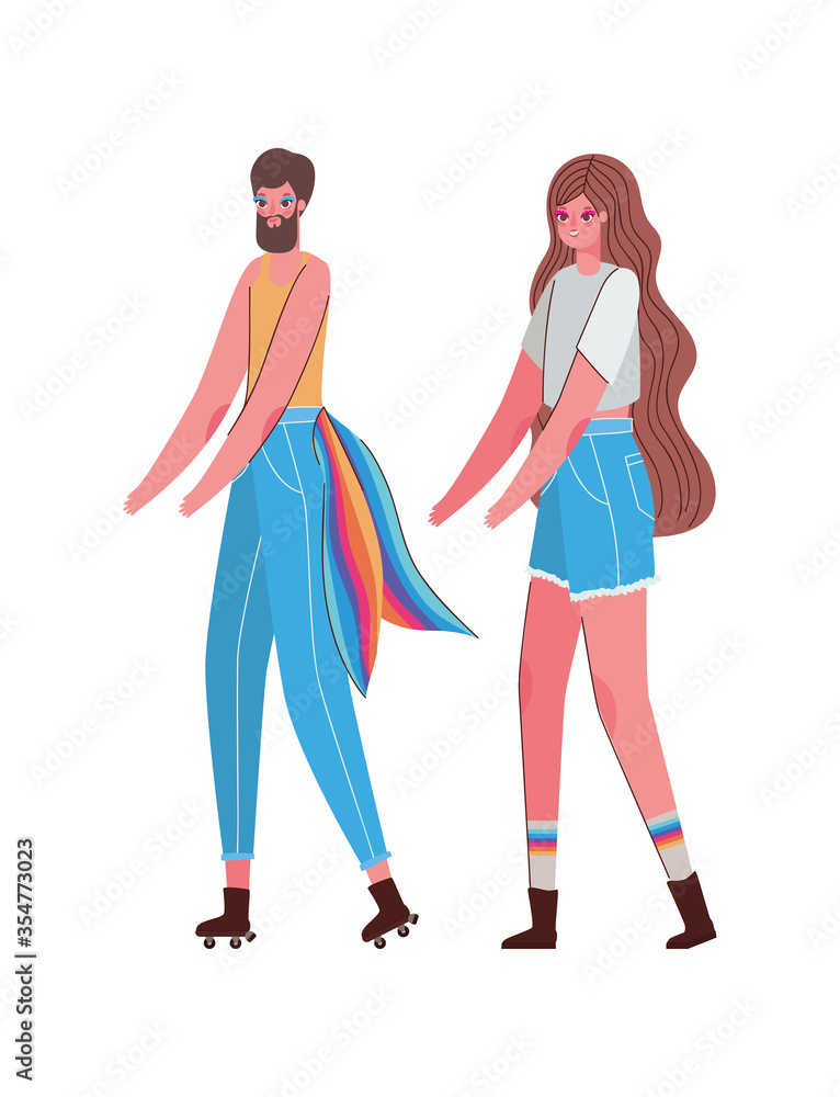 Woman and man cartoon with costume and lgtbi flag vector design Woman and man cartoon with costume and lgtbi flag vector design
