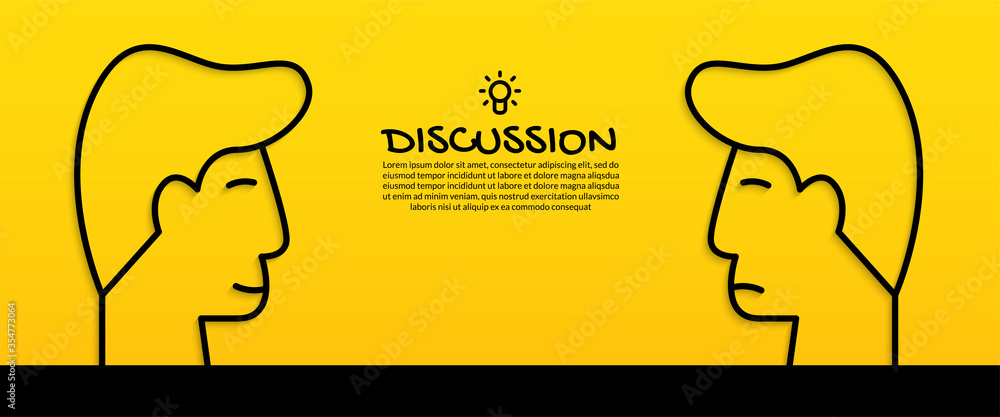 Discussing idea concept with two human heads on yellow background - obrazy, fototapety, plakaty 