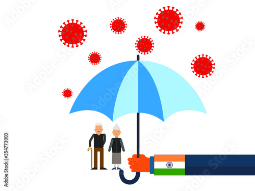 Old people under the umbrella are protected from the coronavirus COVID-19. A hand with an umbrella protects the family from the coronavirus. Vector illustration. government protec old people