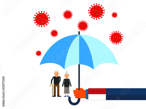 Old people under the umbrella are protected from the coronavirus COVID-19. A hand with an umbrella protects the family from the coronavirus. Vector illustration. government protec old people