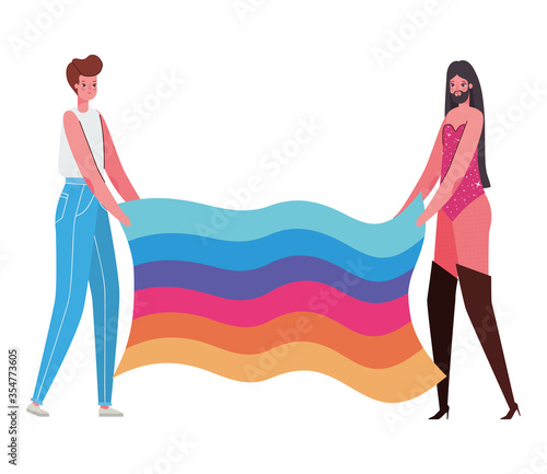 Woman and man cartoon with costume and lgtbi flag vector design