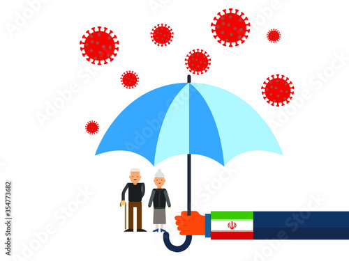 Old people under the umbrella are protected from the coronavirus COVID-19. A hand with an umbrella protects the family from the coronavirus. Vector illustration. government protec old people