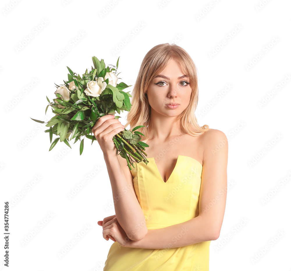 Beautiful young woman with bouquet of roses on white background Beautiful young woman with bouquet of roses on white background