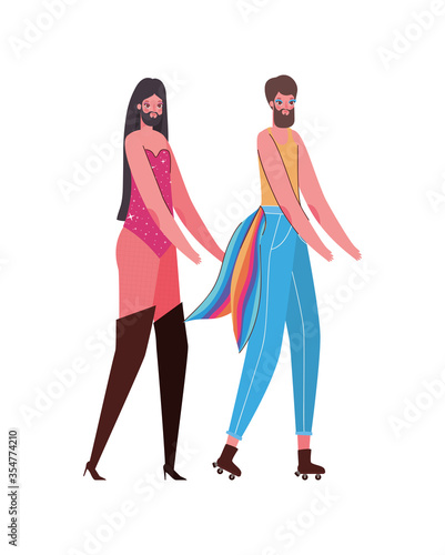 Woman and man cartoon with costume and lgtbi flag vector design