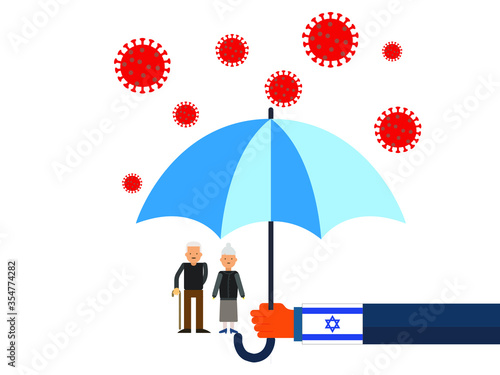 Old people under the umbrella are protected from the coronavirus COVID-19. A hand with an umbrella protects the family from the coronavirus. Vector illustration. government protec old people